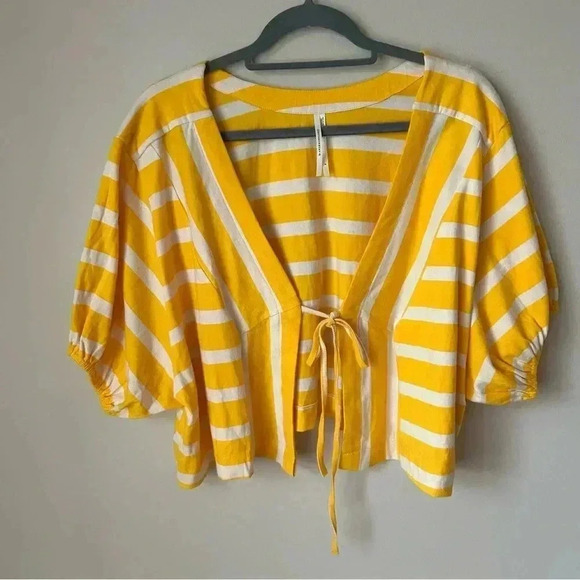 Anthropologie Voluminous Tie-Front Yellow Stripe Short Sleeve Top Size Small - Picture 4 of 8